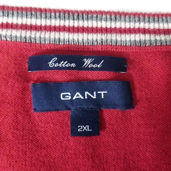 Gant Sweater Mens Size 2XL Cotton Wool Red V-Neck Long Sleeve Pullover Jumper - Picture 7 of 11